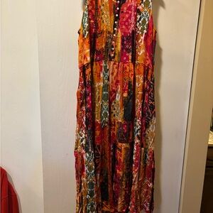 Coldwater Creek Patchwork Maxi Dress in Red, Orange & Green